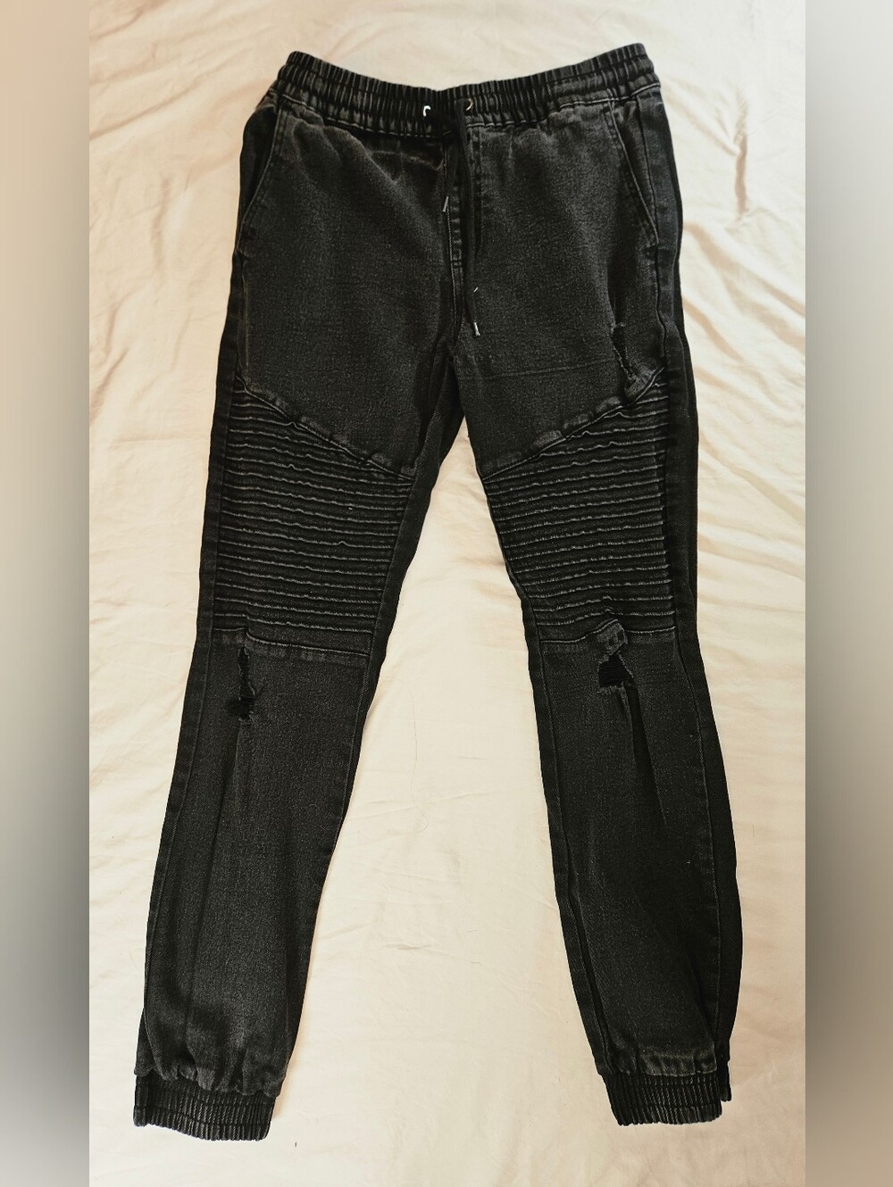 Hot Topic Mens Washed Black Distressed Knee Panel Biker Jogger Jeans Size Small